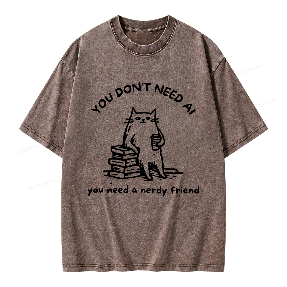 Pagewings Funny Cat Doodle Anti AI Unisex Washed T-shirt
