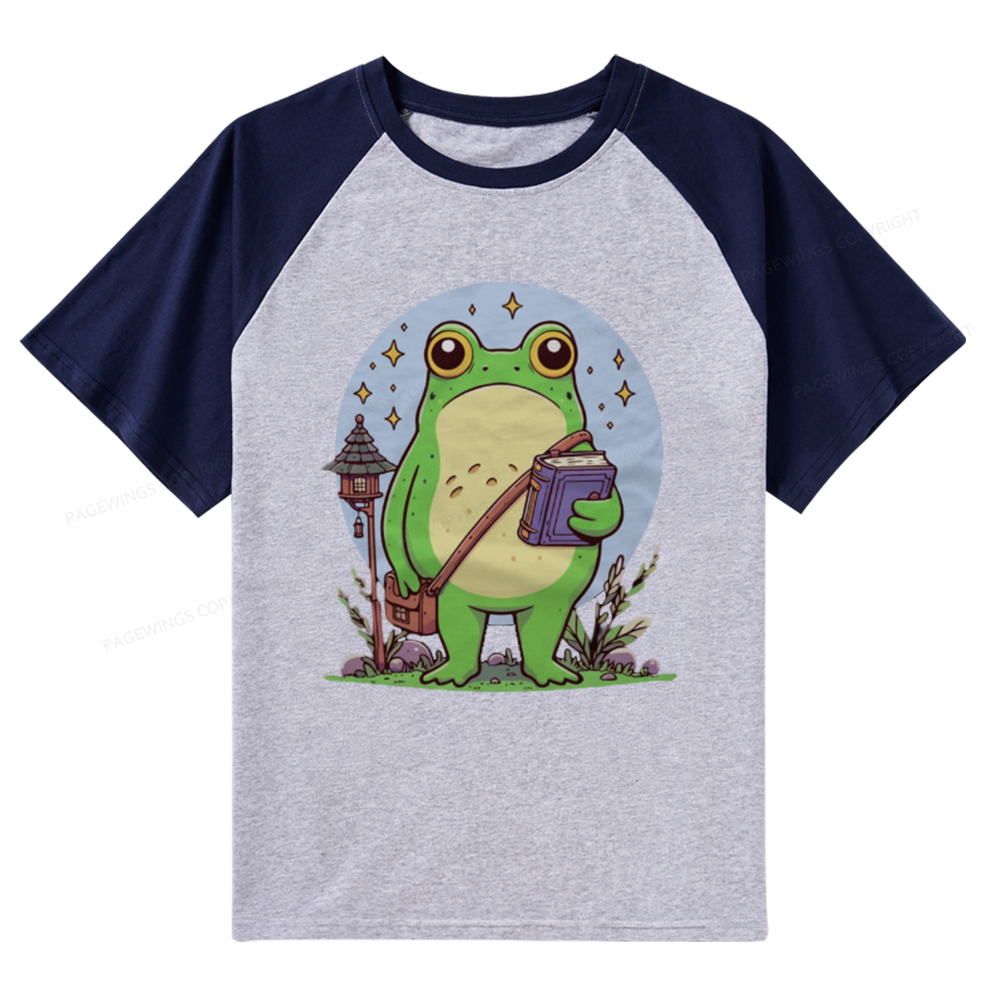 Pagewings Frog Reading Book Raglan T-shirt