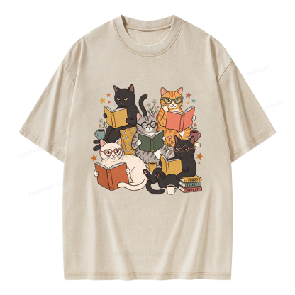 Pagewings Retro Reading Cats Unisex Washed T-shirt