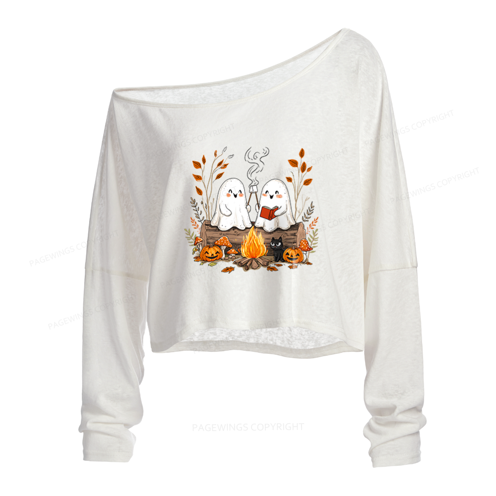 Pagewings Cute Ghost Halloween Slouchy Long Sleeve Off Shoulder T-shirt