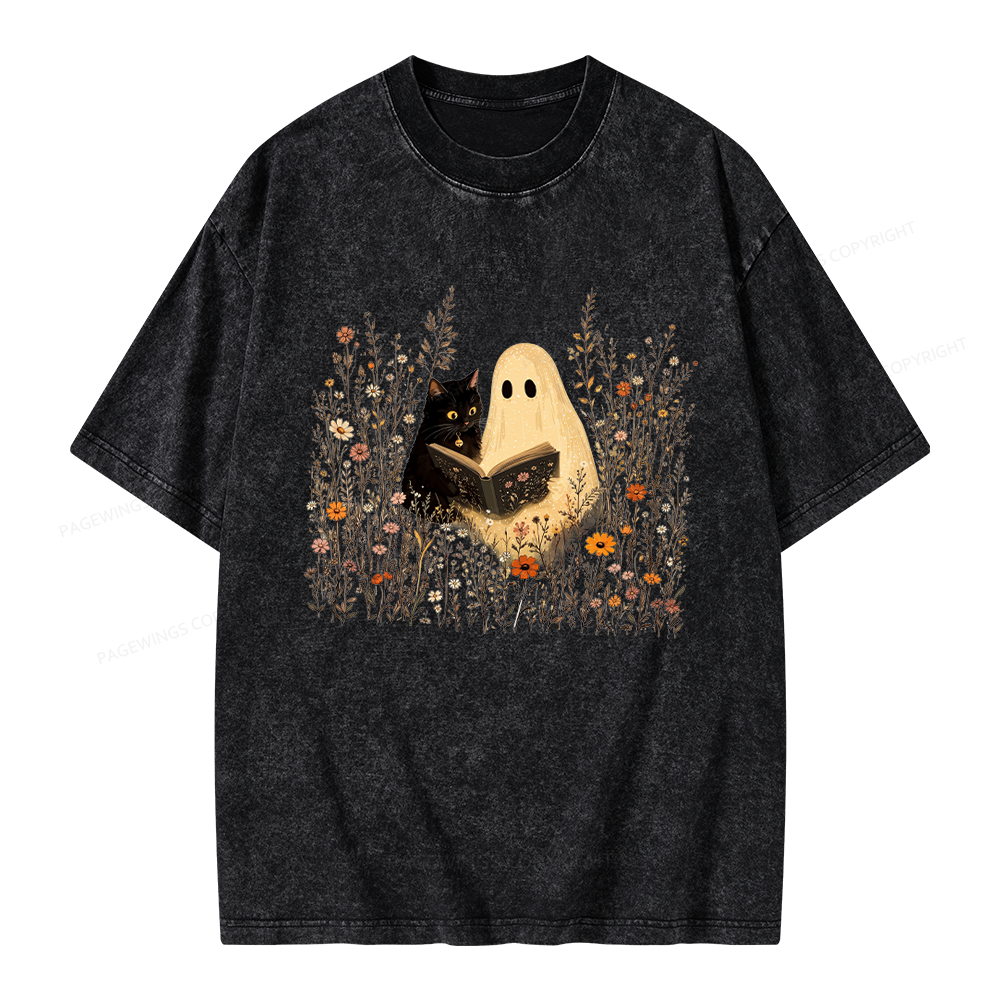 Pagewings Ghost Black Cat Reading Unisex Washed T-shirt
