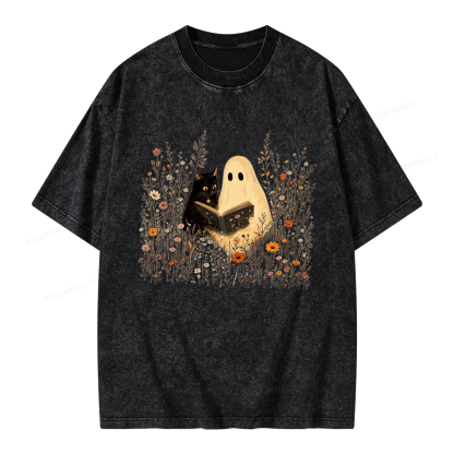 Pagewings Ghost Black Cat Reading Unisex Washed T-shirt