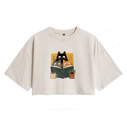 Pagewings Retro Curious Reading Cats Women's Washed Cropped T-shirt