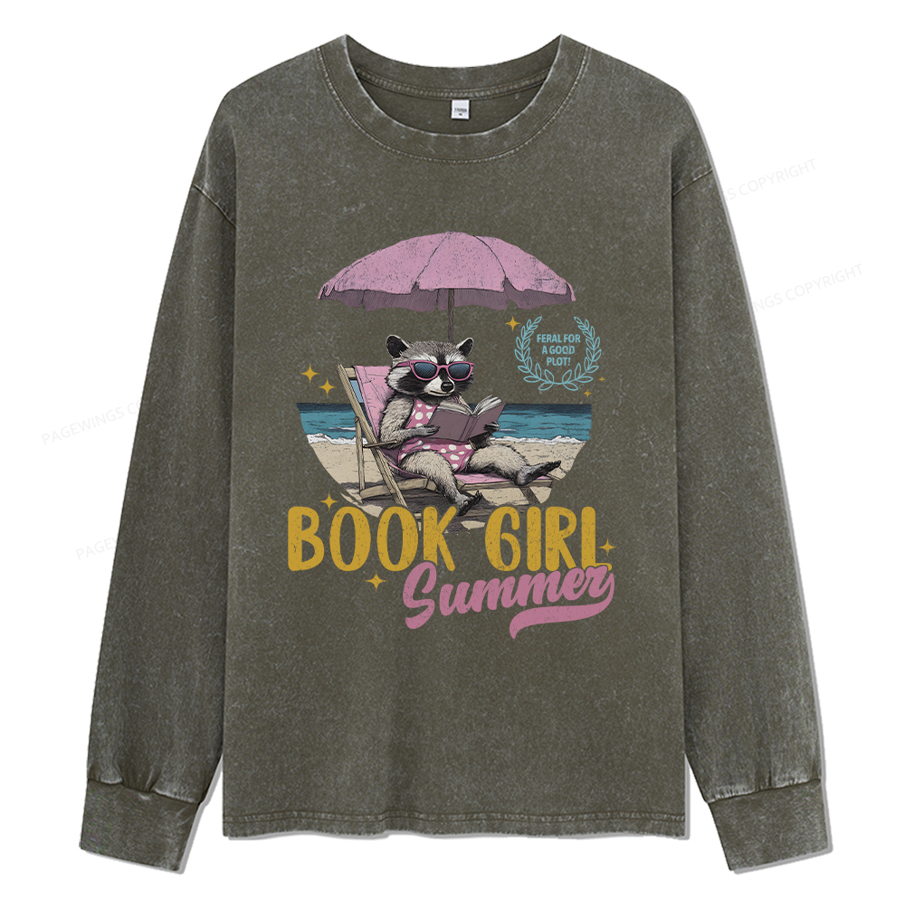 Pagewings Book Girl Summer Unisex Washed Long Sleeve T-shirt
