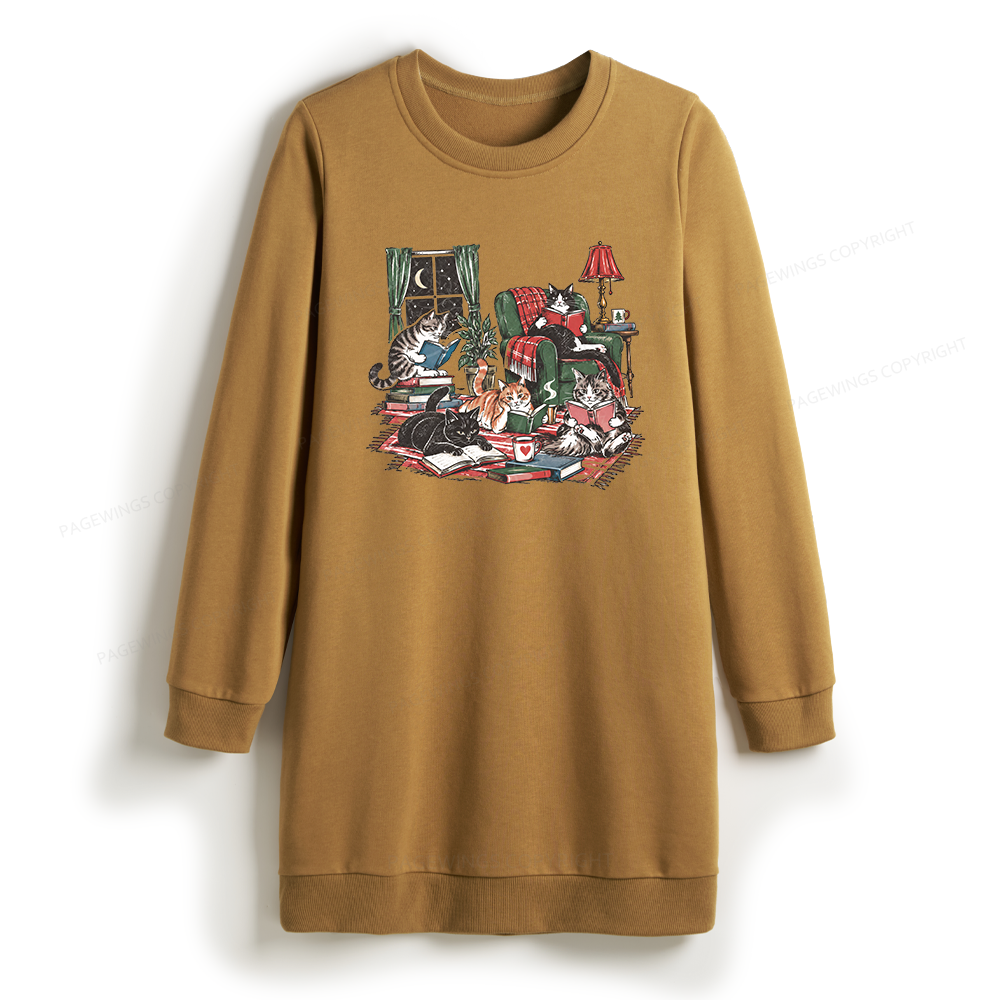 Pagewings Cats Reading Books Sweatshirt Dress