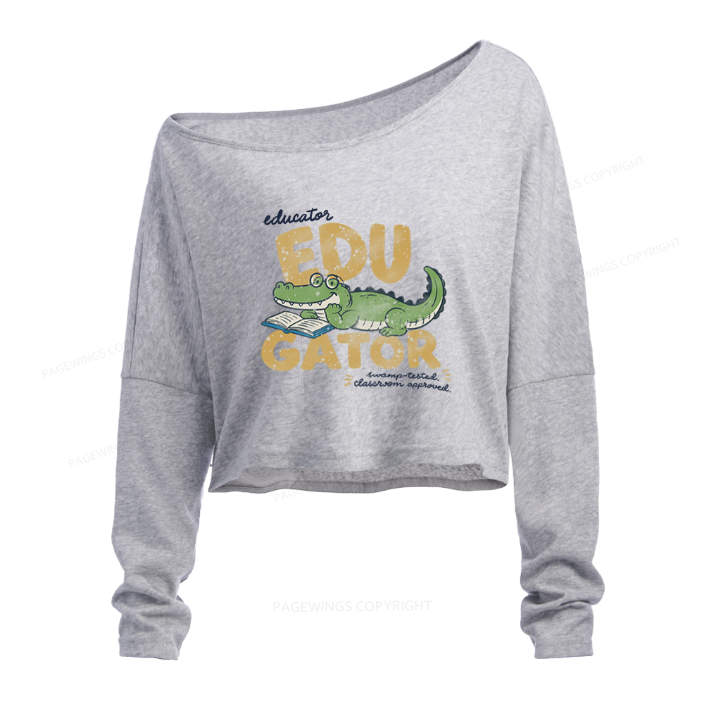 Pagewings Retro Alligator Teacher Slouchy Long Sleeve Off Shoulder T-shirt
