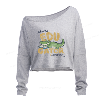 Pagewings Retro Alligator Teacher Slouchy Long Sleeve Off Shoulder T-shirt