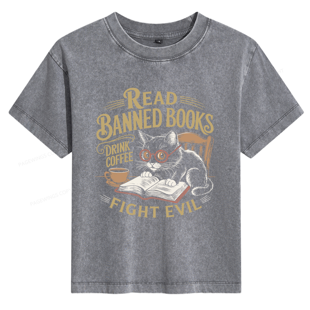 Pagewings Read Books Drink Coffee Fight Evil Women's Washed T-shirt