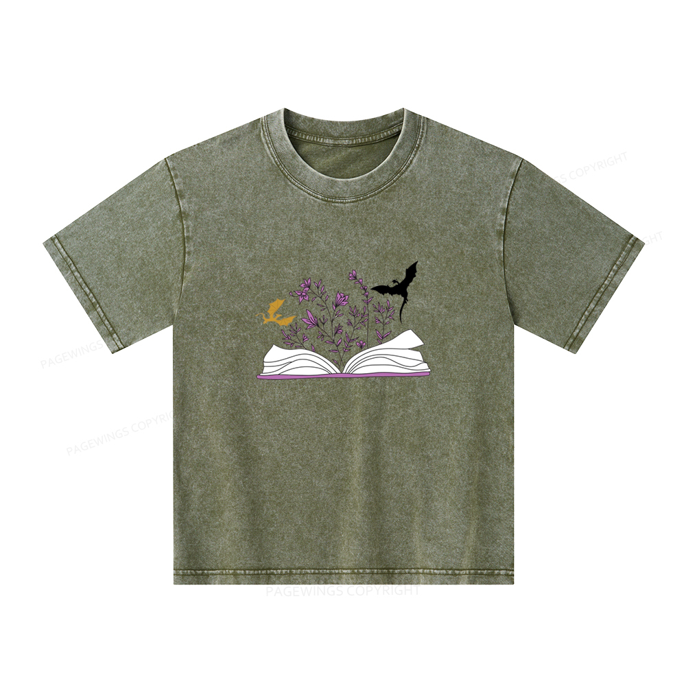 Pagewings Fourth Wing Flower Book Unisex Kids Washed T-shirt