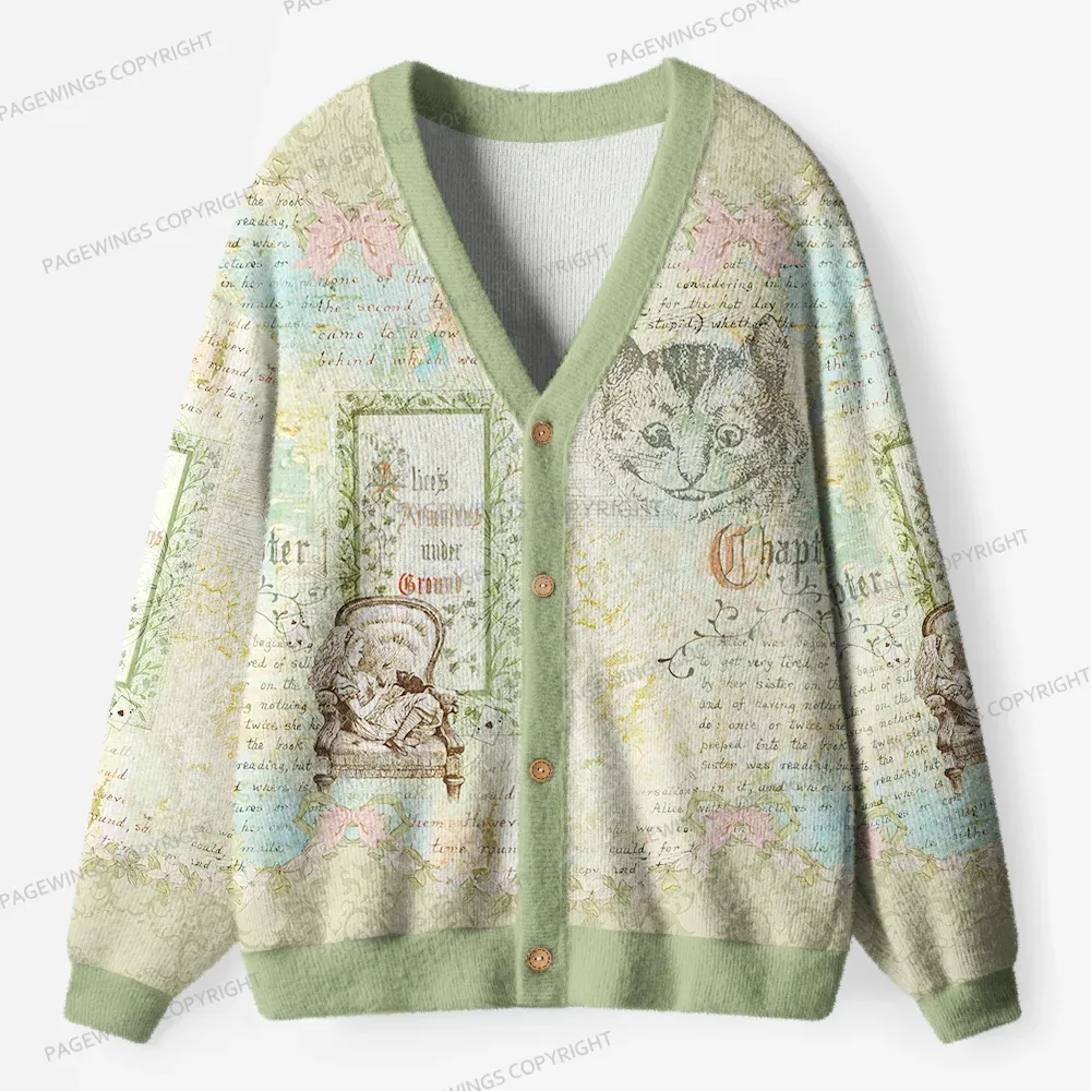 Pagewings  Vintage Cat And Book  Unisex Ugly Cardigan Sweaters