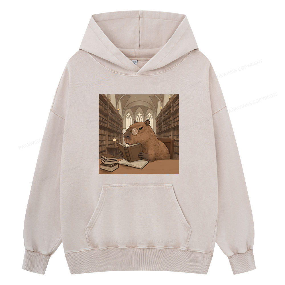 Pagewings The Reader Capybara Unisex Washed Hoodie