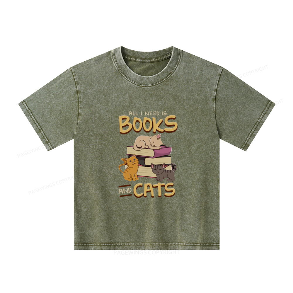 Pagewings All I Need Is Books And Cats Unisex Kids Washed T-shirt