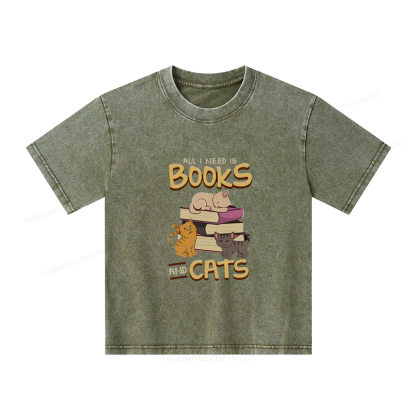 Pagewings All I Need Is Books And Cats Unisex Kids Washed T-shirt