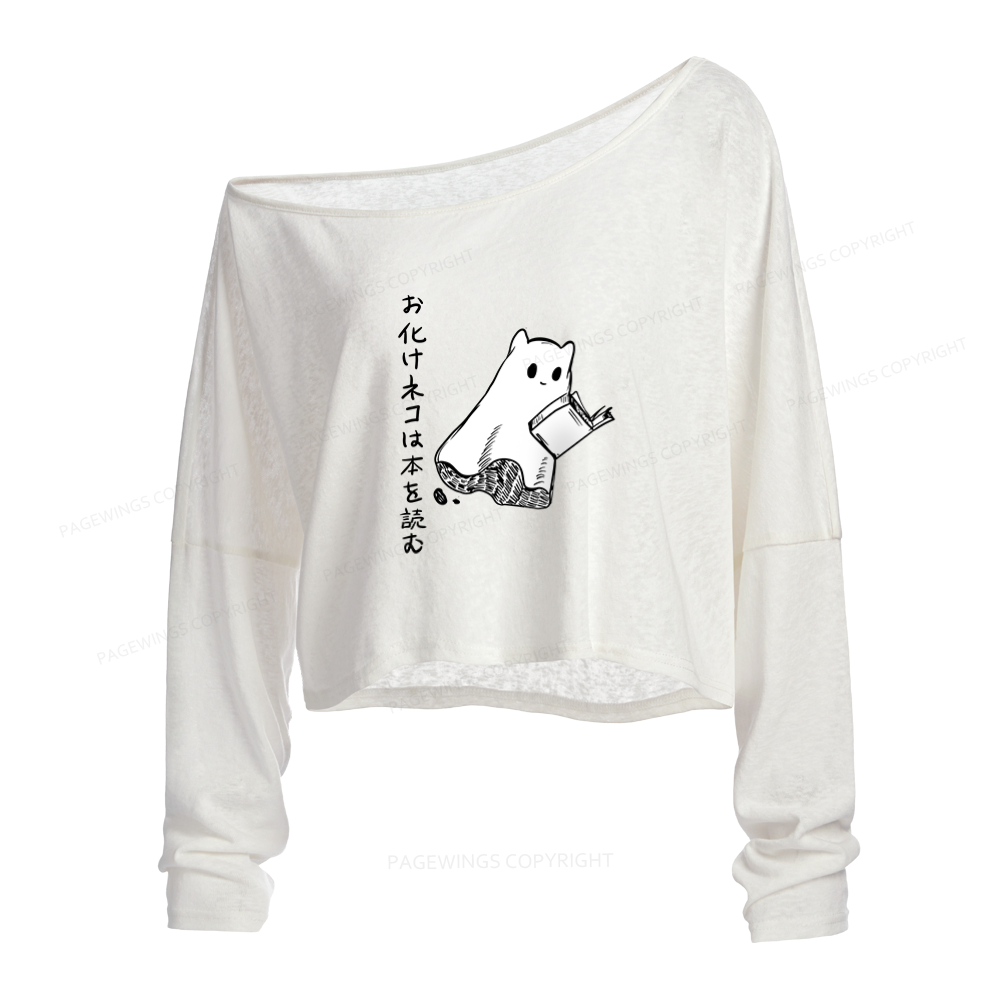 Pagewings Japanese Ghost Cat Reads a Book on Men's Premium Slouchy Long Sleeve Off Shoulder T-shirt