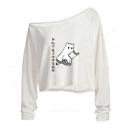 Pagewings Japanese Ghost Cat Reads a Book on Men's Premium Slouchy Long Sleeve Off Shoulder T-shirt
