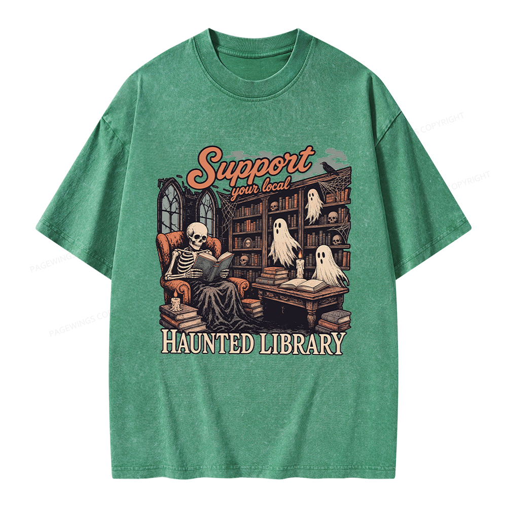 Pagewings Support Your Local Haunted Library Unisex Washed T-shirt