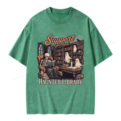 Pagewings Support Your Local Haunted Library Unisex Washed T-shirt