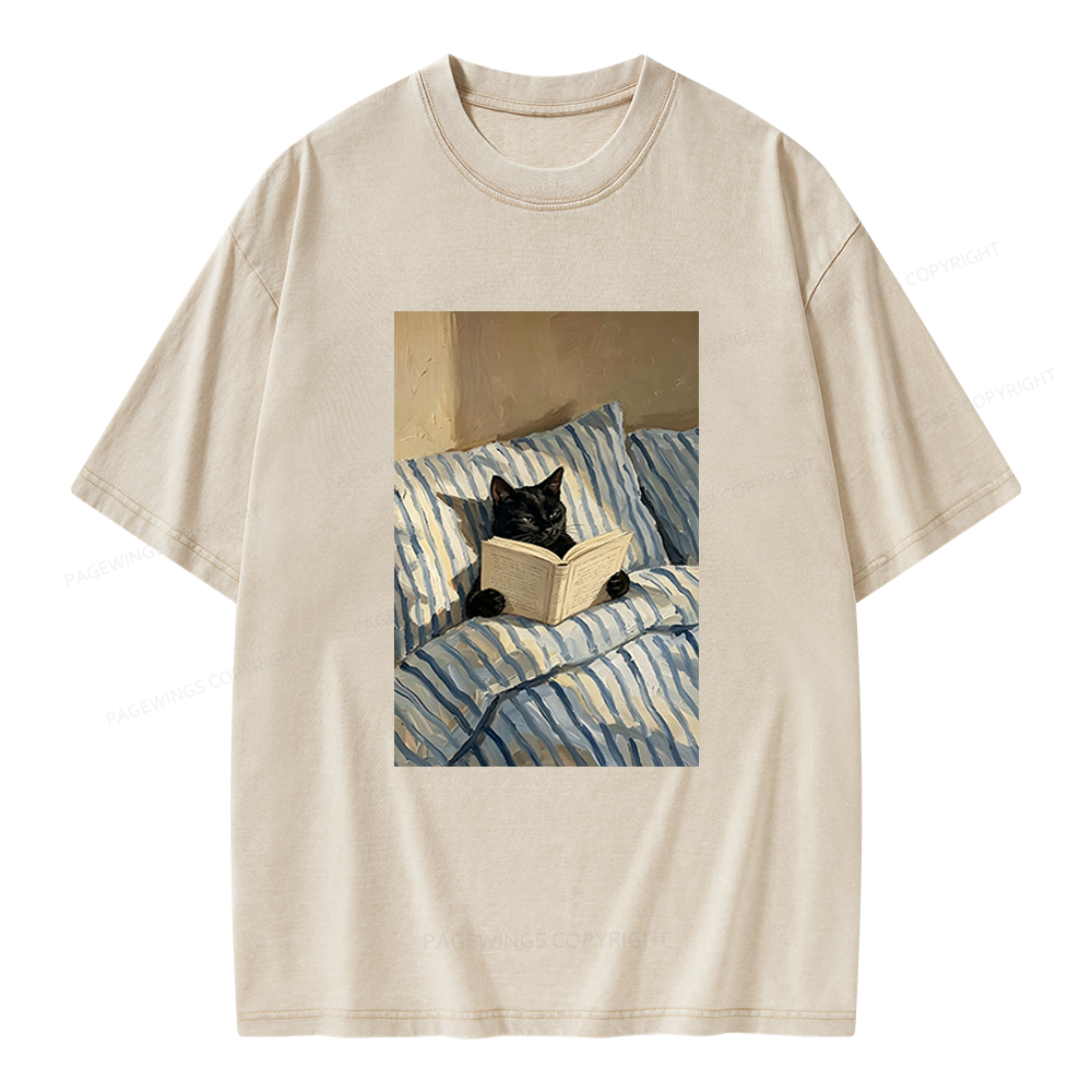 Pagewings Black Cat Reading in Bed Unisex Washed T-shirt