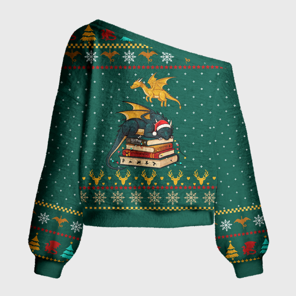 Pagewings Fantasy Bookish Off Shoulder Ugly Knit Sweater