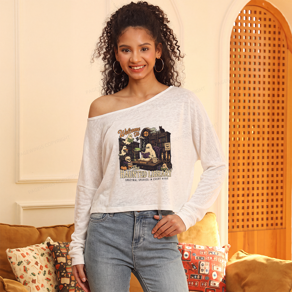 Pagewings Haunted Library Slouchy Long Sleeve Off Shoulder T-shirt