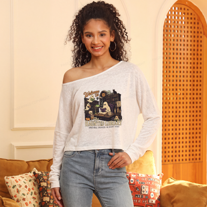 Pagewings Haunted Library Slouchy Long Sleeve Off Shoulder T-shirt