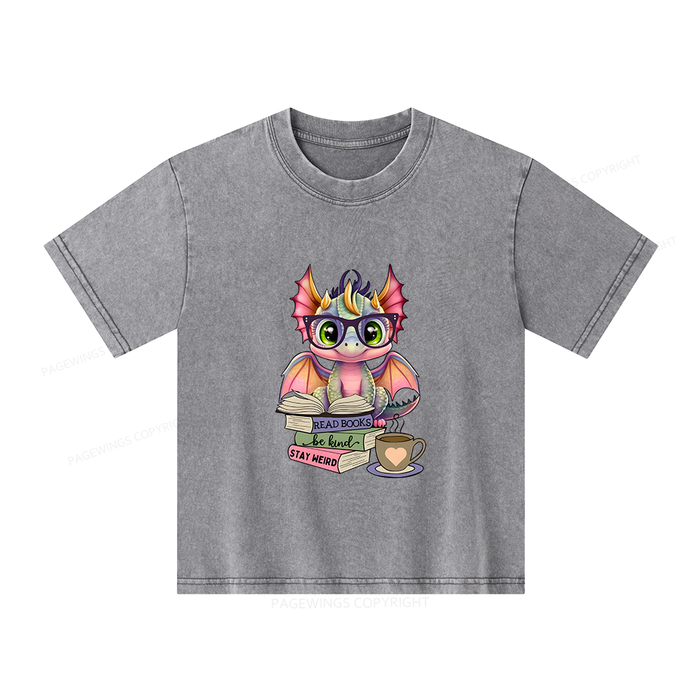 Pagewings Cute Dragon Reading Unisex Kids Washed T-shirt