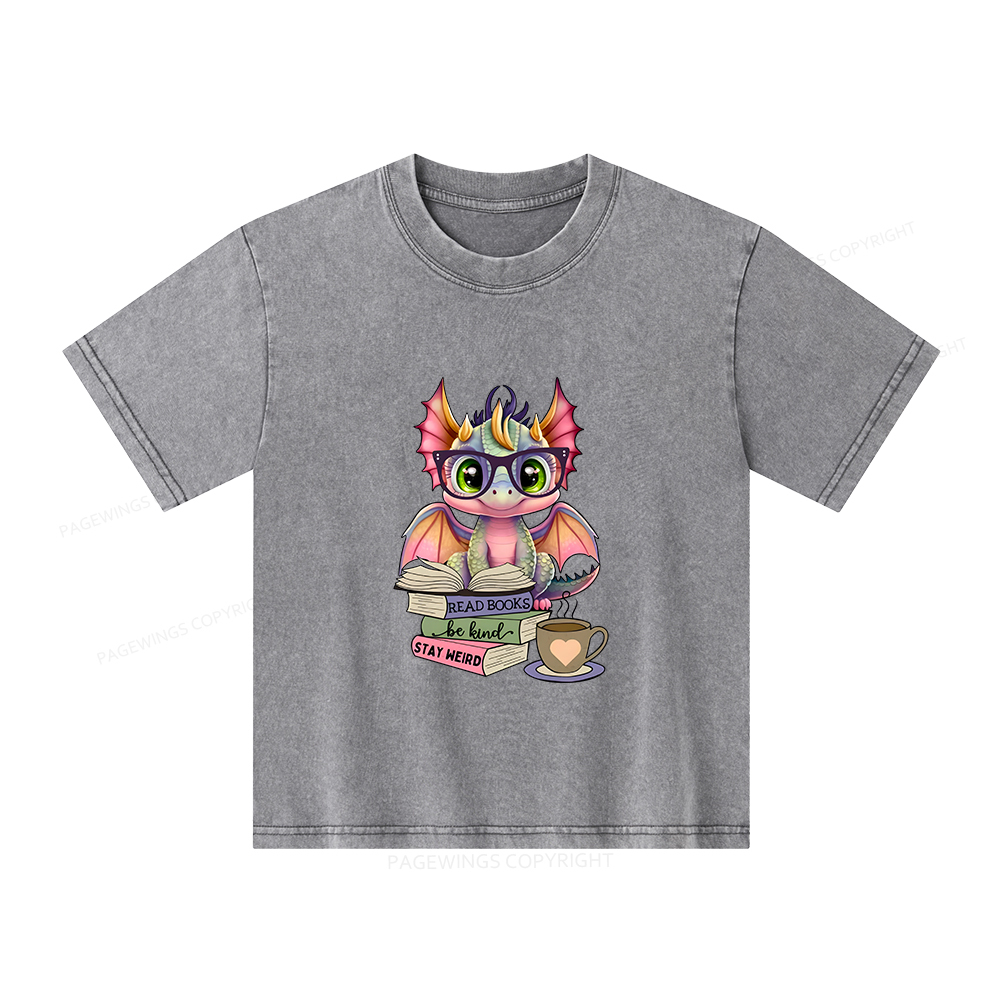 Pagewings Cute Dragon Reading Unisex Kids Washed T-shirt