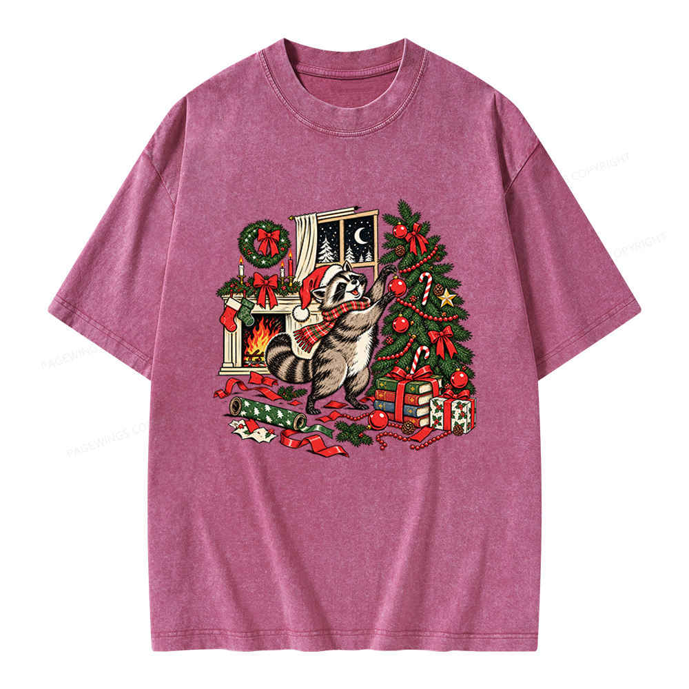 Pagewings Feral Raccoon Christmas Unisex Washed T-shirt