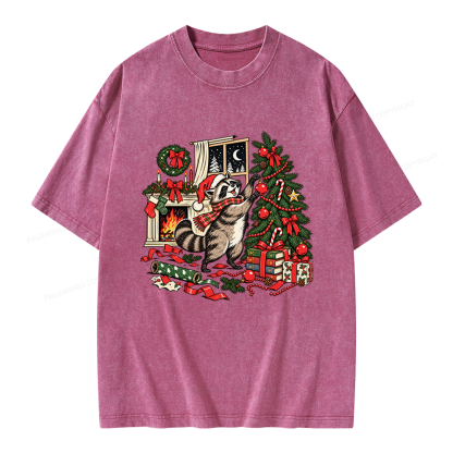 Pagewings Feral Raccoon Christmas Unisex Washed T-shirt