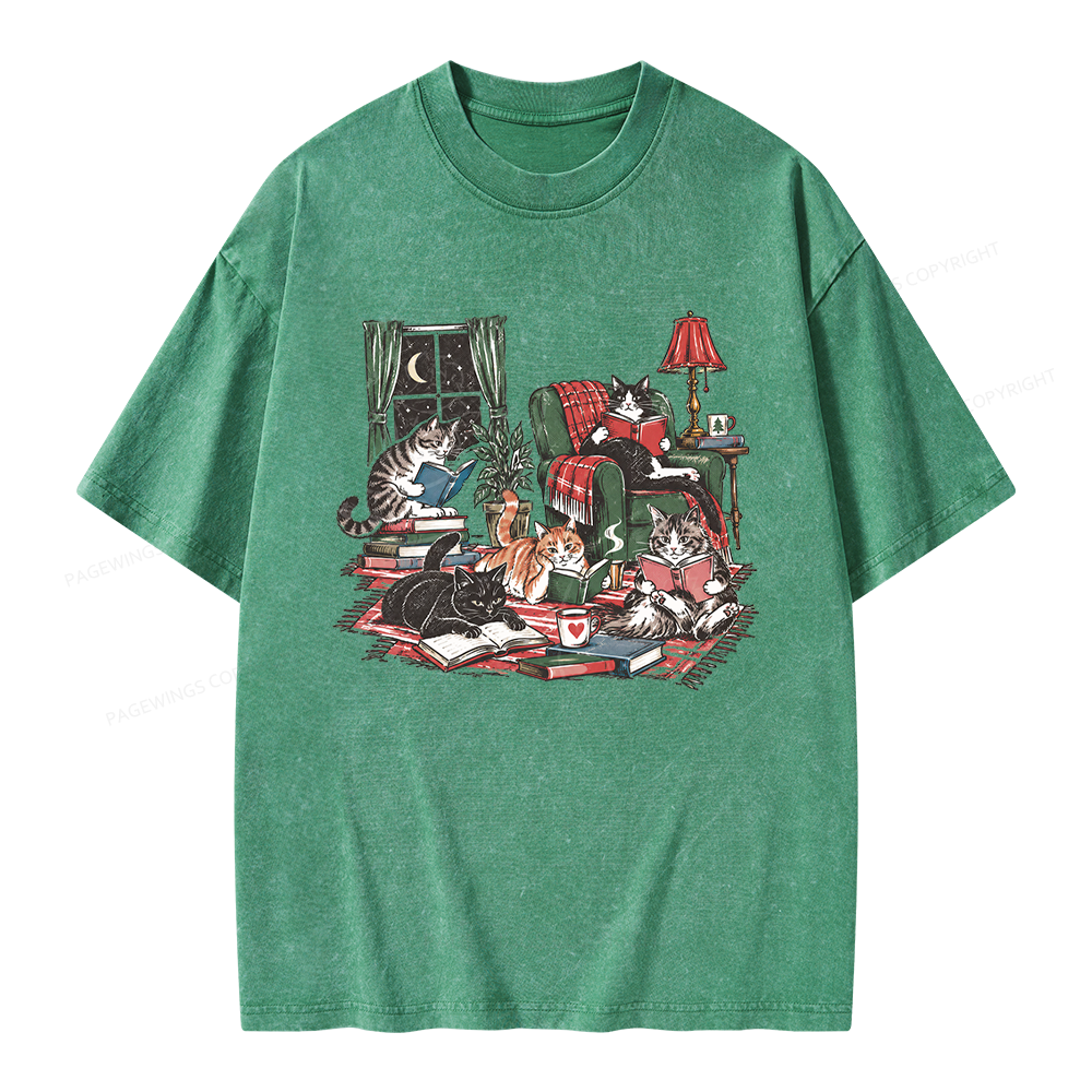 Pagewings Cats Reading Books Unisex Washed T-shirt