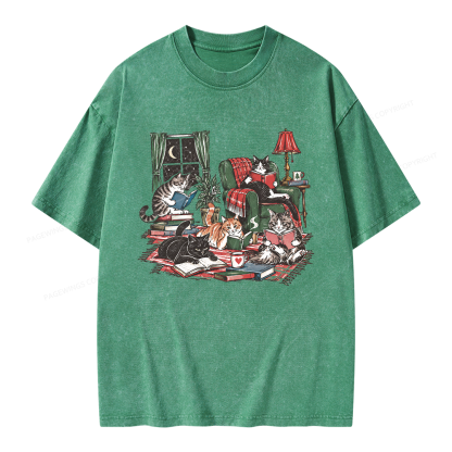 Pagewings Cats Reading Books Unisex Washed T-shirt