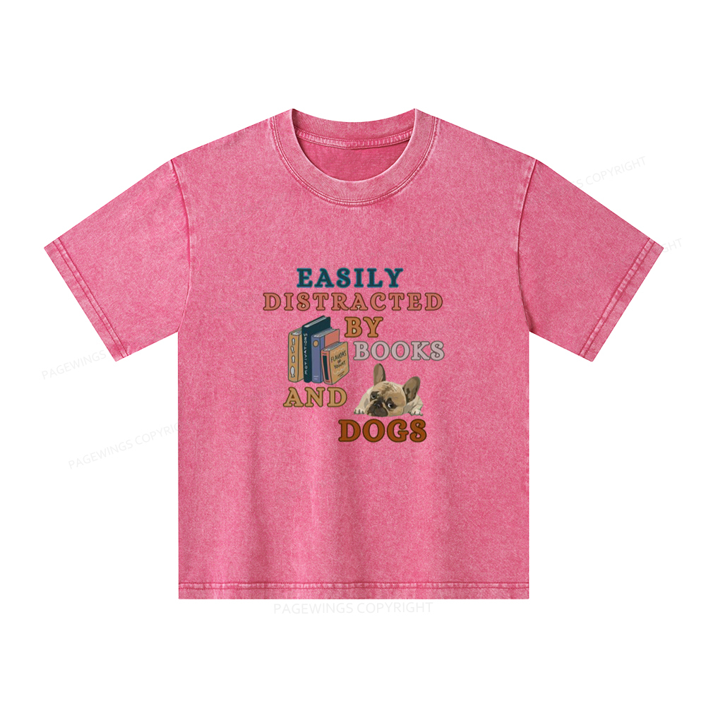 Pagewings Easily Distracted By Books And Dogs Unisex Kids Washed T-shirt