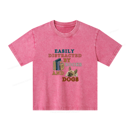 Pagewings Easily Distracted By Books And Dogs Unisex Kids Washed T-shirt