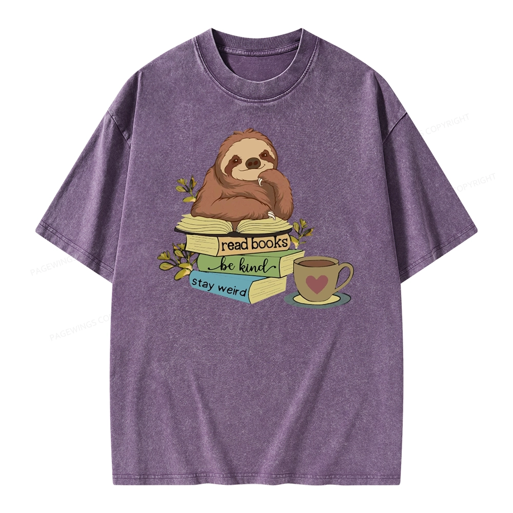 Pagewings Sloth Reading Unisex Washed T-shirt