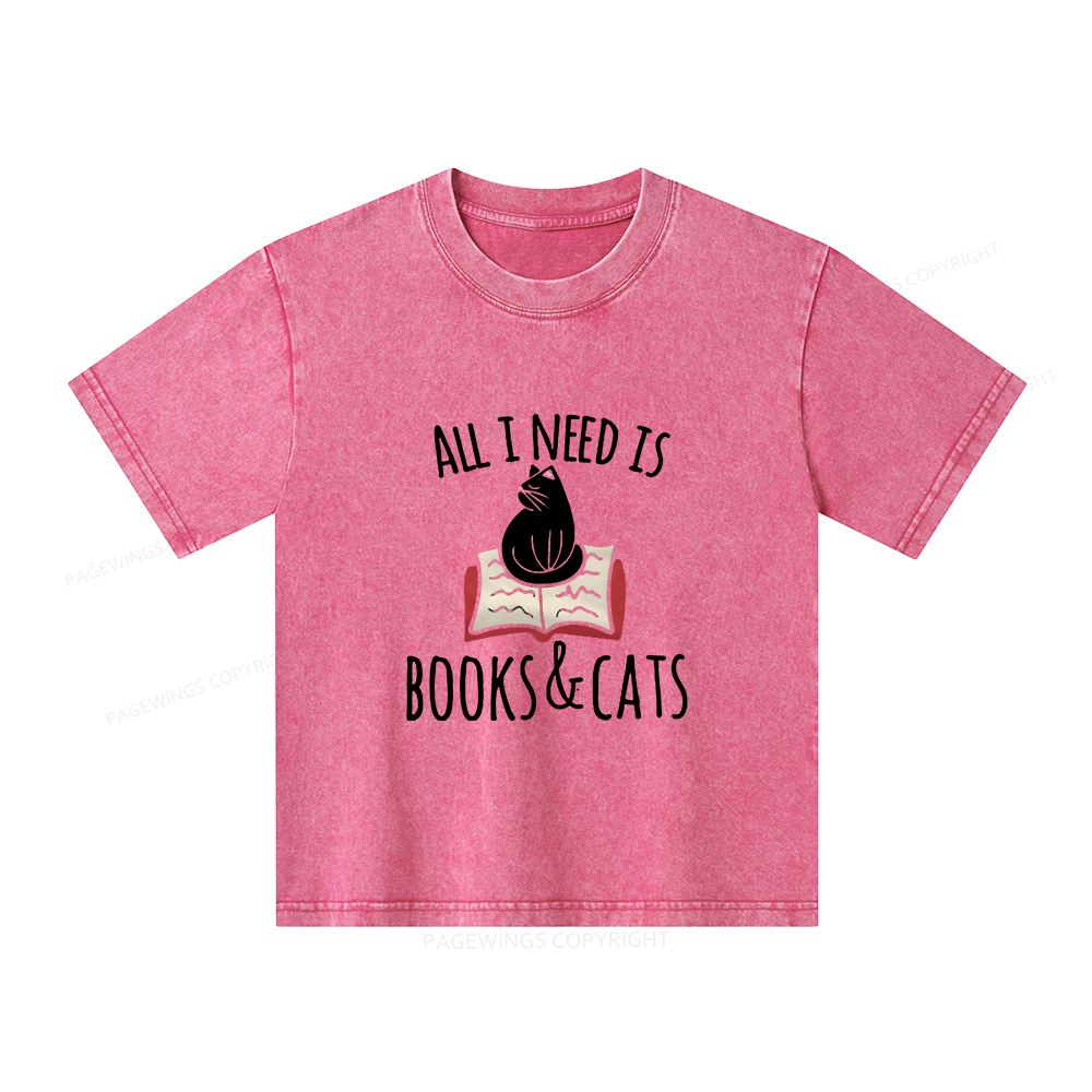 Pagewings All I Need Is Book & Cat Unisex Kids Washed T-shirt