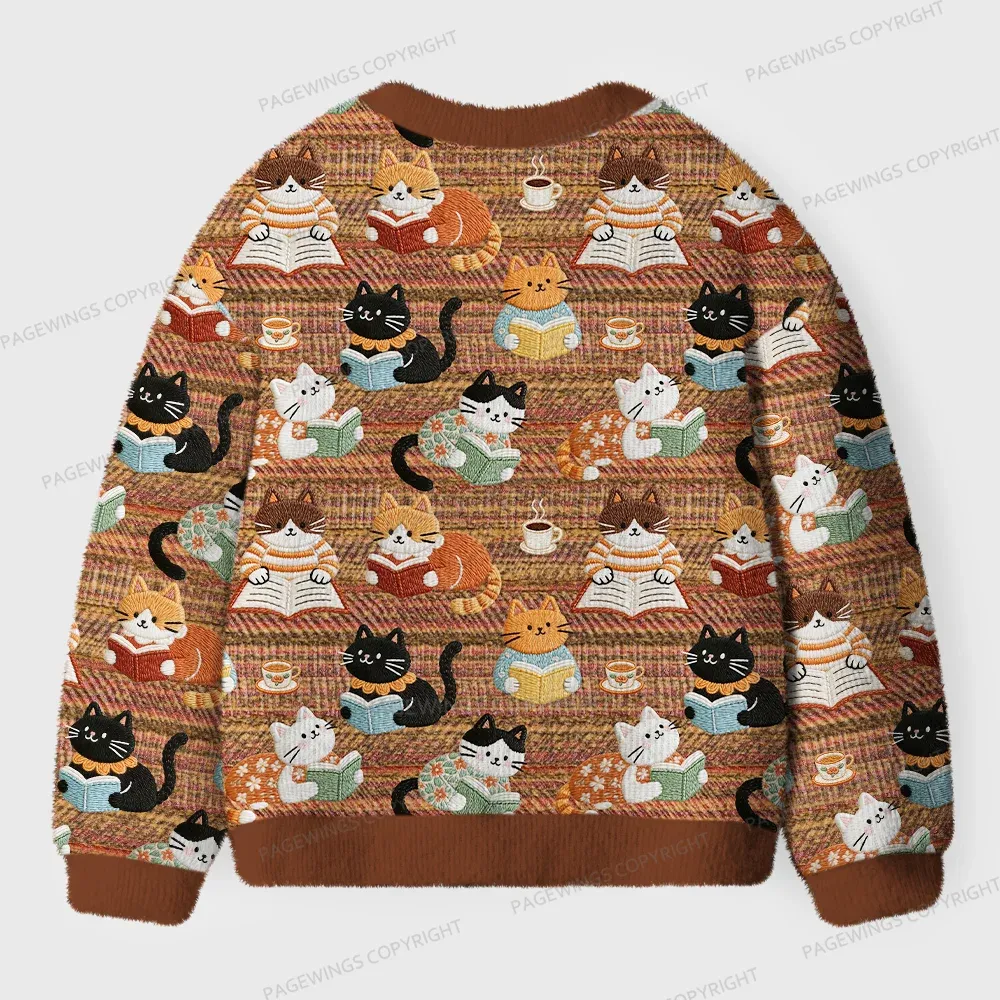 Pagewings Cats And Reading Unisex Ugly Cardigan Sweaters