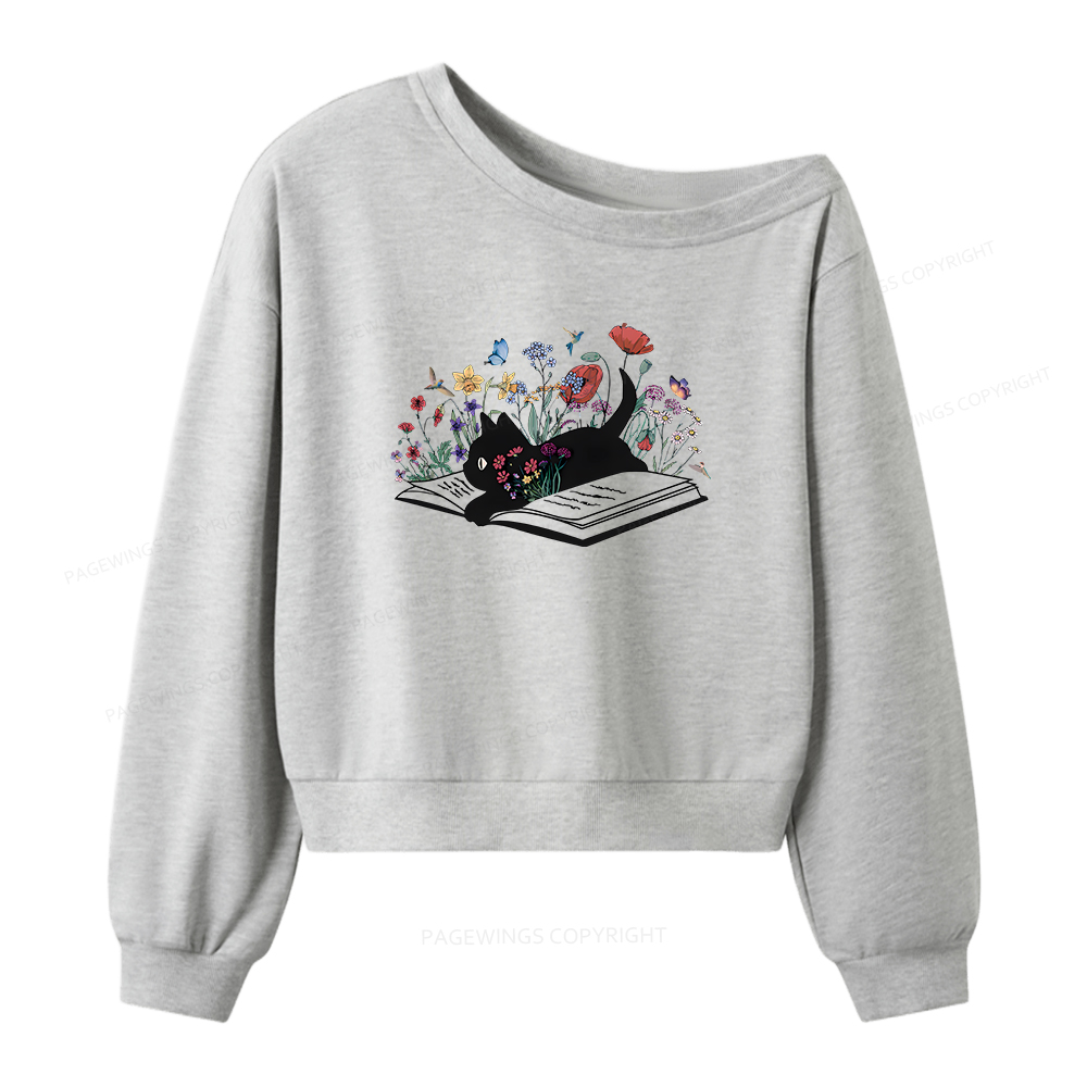 Pagewings Cute Book Cat Women Off  Shoulder Sweatshirt