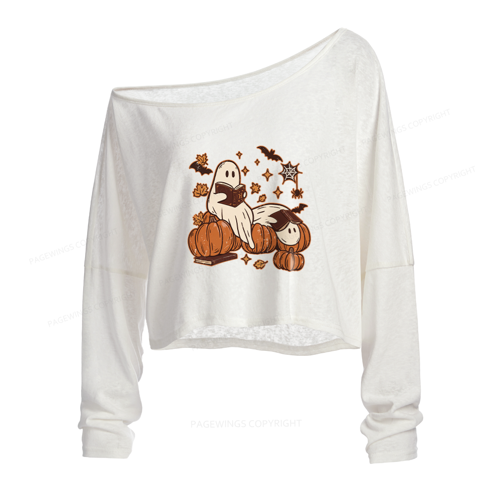 Pagewings Ghost Reading Slouchy Long Sleeve Off Shoulder T-shirt
