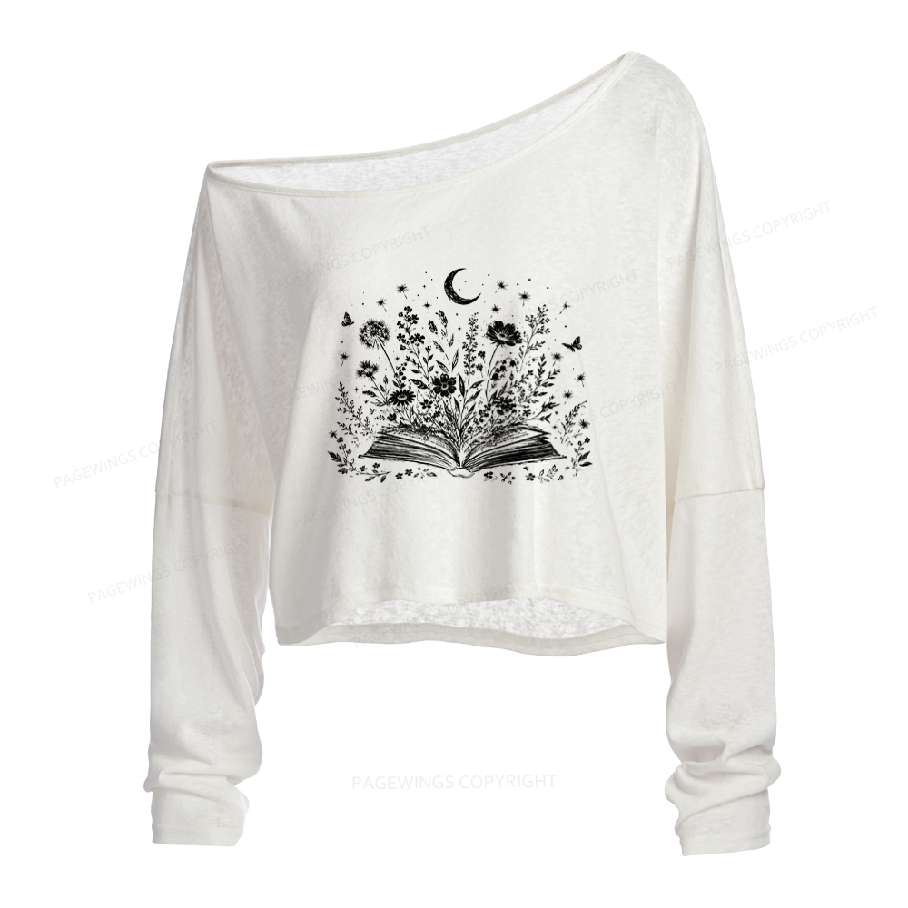 Pagewings Wildflower Book Slouchy Long Sleeve Off Shoulder T-shirt