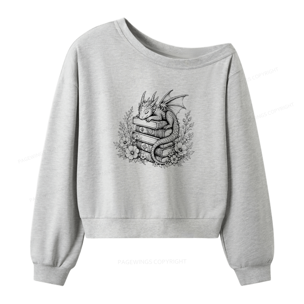 Pagewings Black Baby Dragon Book Women Off Shoulder Sweatshirt