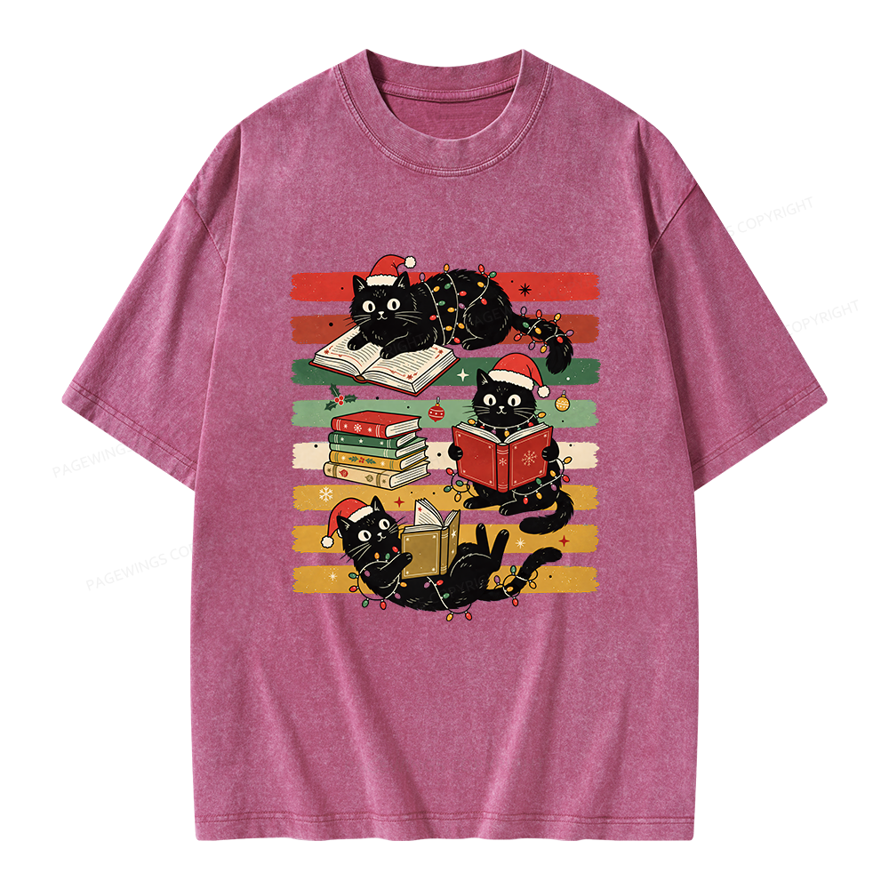 Pagewings Bookish Cat Christmas Unisex Washed T-shirt
