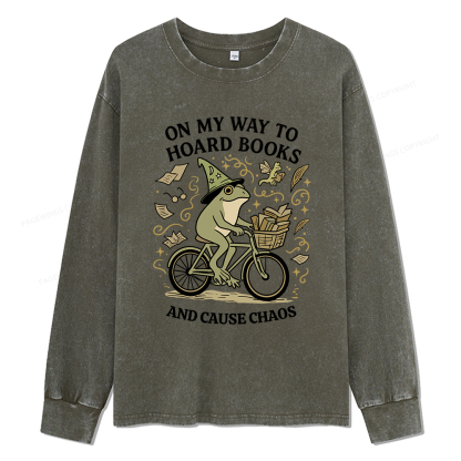 Pagewings On My Way To Hoard Books And Cause Chaos Unisex Washed Long Sleeve T-shirt