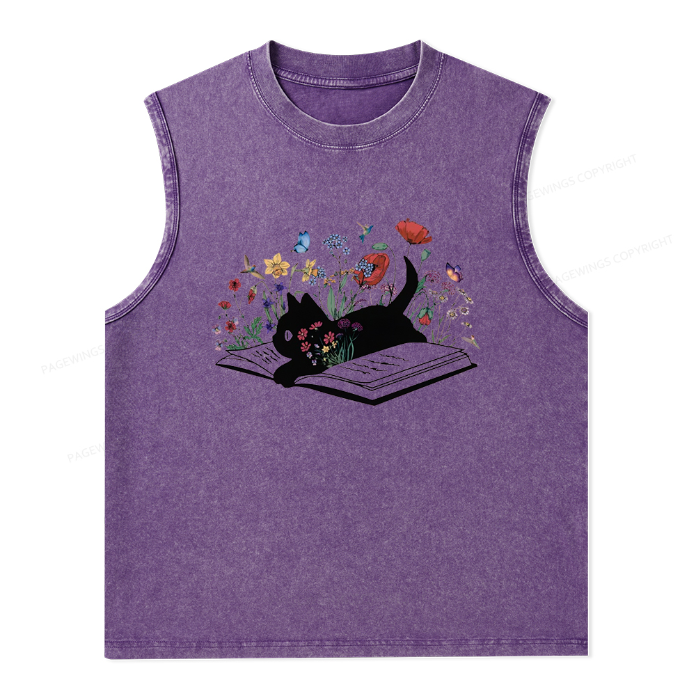 Pagewings Cute Book Cat Unisex Washed Tank Top