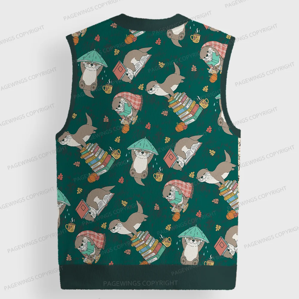 Pagewings Otter Loves Reading Unisex V-Neck Ugly Knit Vest