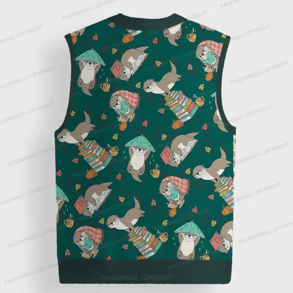 Pagewings Otter Loves Reading Unisex V-Neck Ugly Knit Vest