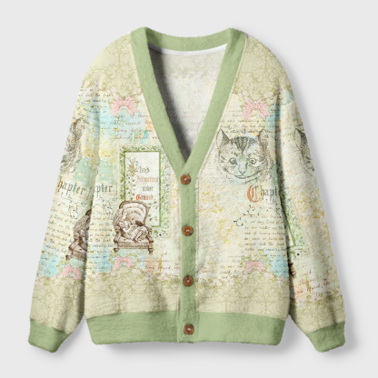 Pagewings  Vintage Cat And Book Light Knit Unisex Cardigan Sweaters