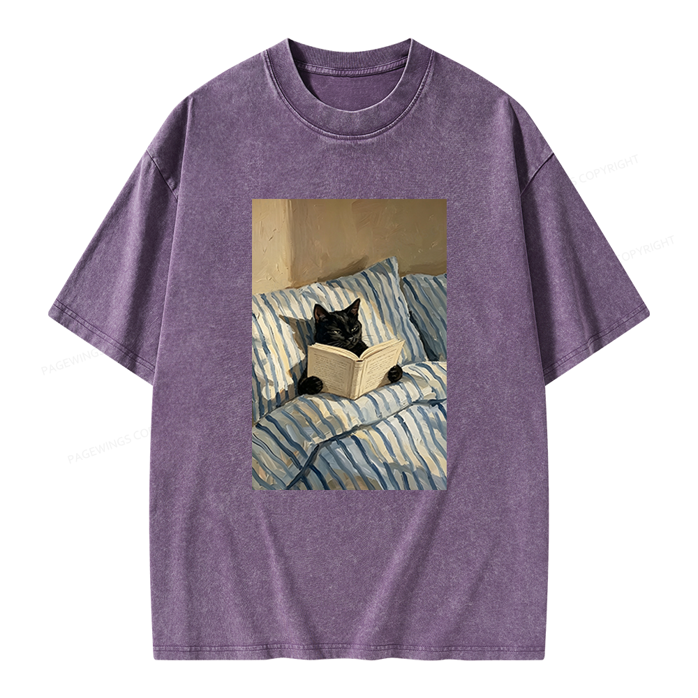 Pagewings Black Cat Reading in Bed Unisex Washed T-shirt