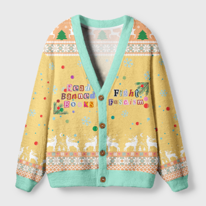 Pagewings Read Banned Books Fight Fascism Light Knit Unisex Cardigan Sweaters