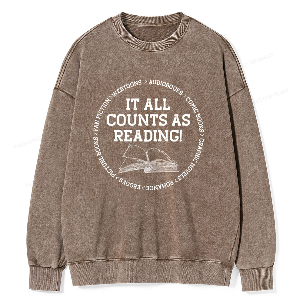 Pagewings It All Counts As Reading Unisex Washed Sweatshirt