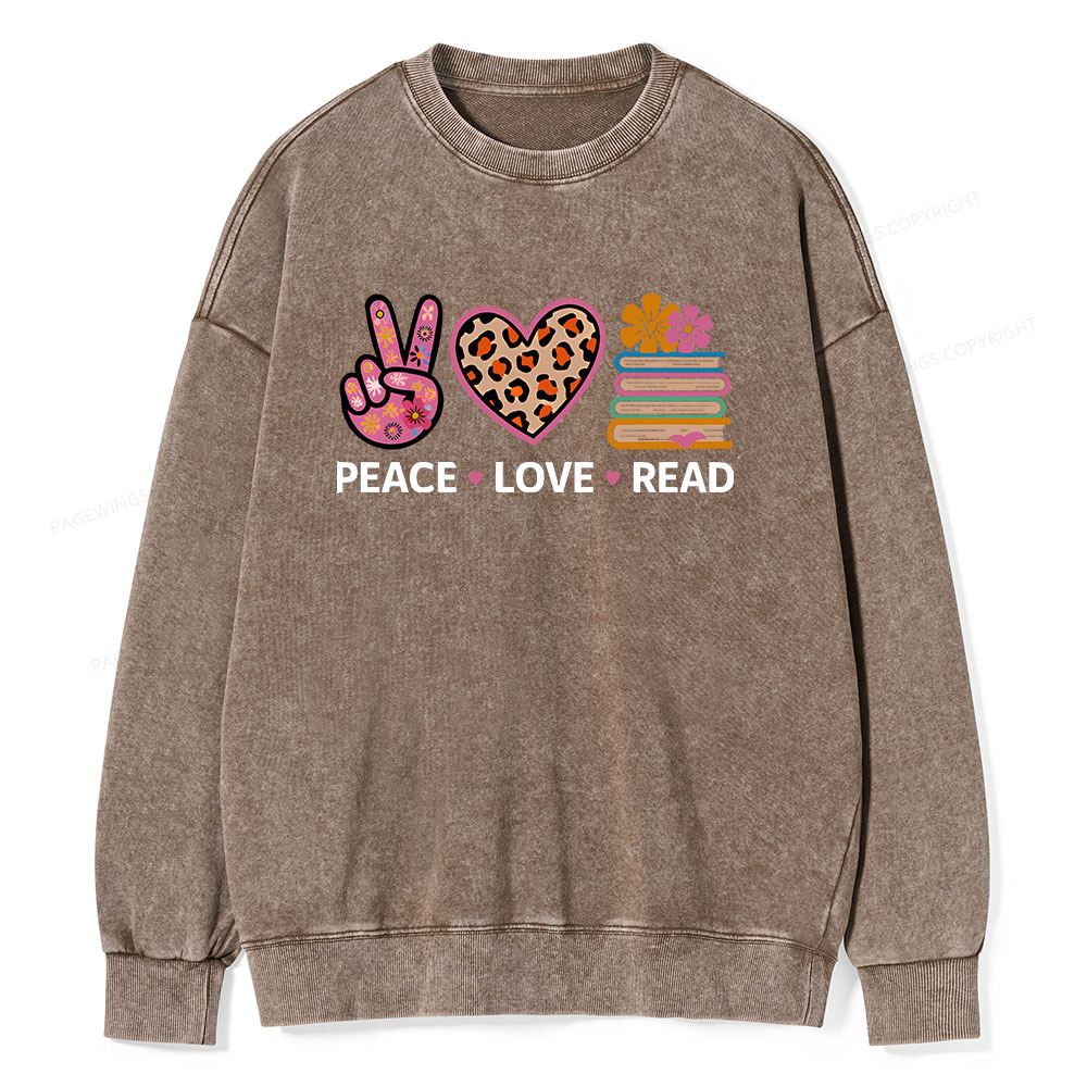 Pagewings Peace Love Read World Book Day Unisex Washed Sweatshirt